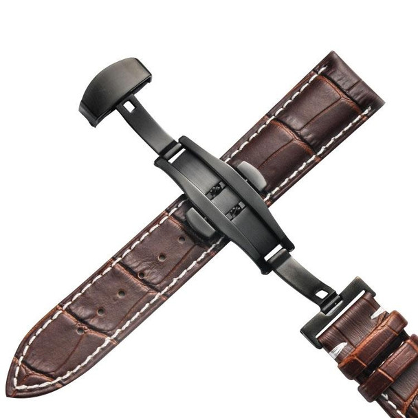 16mm Classic Cowhide Leatherette Black Butterfly Buckle Watch Band(Brown White Lines)