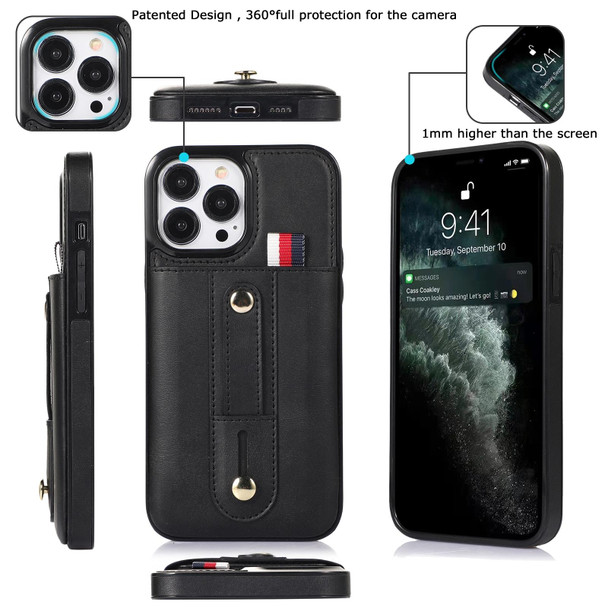 Wristband Kickstand Wallet Leather Phone Case - iPhone 13 Pro(Black)