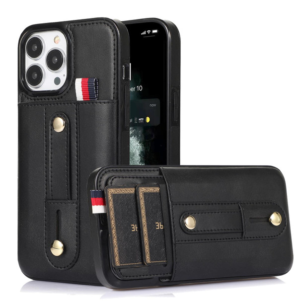 Wristband Kickstand Wallet Leather Phone Case - iPhone 13 Pro(Black)