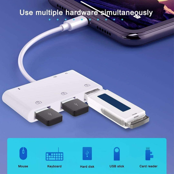 ZS-S1852 6 in 1 3 USB Female to 8 Pin Male OTG Camera Card Reader Adapter with SD & TF Card & 8 Pin Charging Interface, Compatible with IOS 13 System