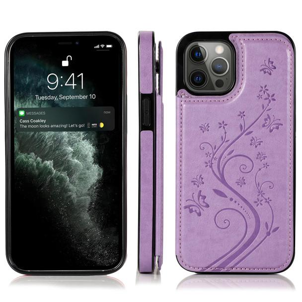 Butterflies Flowers Double Buckle PU + TPU Protective Case with Holder & Card Slots & Photo Frame - iPhone 12 / 12 Pro(Purple)