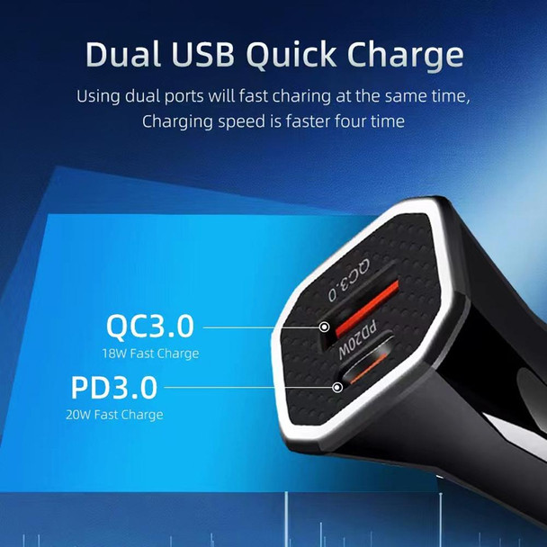 TE-P22 38W PD USB-C / Type-C + QC3. 0 USB Car Charger with 1m USB-C / Type-C to 8 Pin Data Cable(Black)