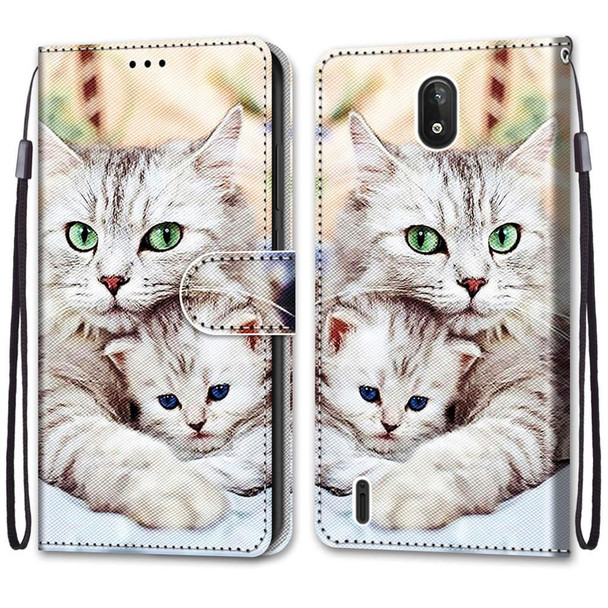 Nokia C2 Coloured Drawing Cross Texture Horizontal Flip PU Leather Case with Holder & Card Slots & Wallet & Lanyard(Big Cat Holding Kitten)