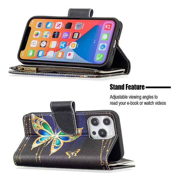 Colored Drawing Pattern Zipper Horizontal Flip Leatherette Case with Holder & Card Slots & Wallet - iPhone 13(Big Butterfly)