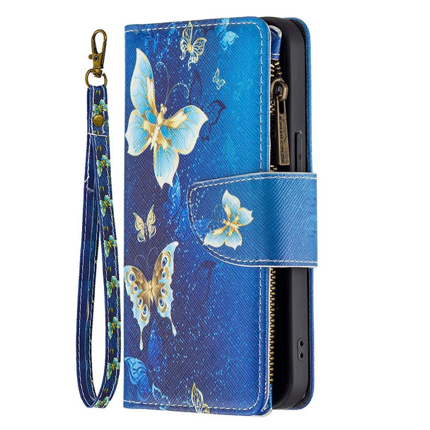 Colored Drawing Pattern Zipper Horizontal Flip Leatherette Case with Holder & Card Slots & Wallet - iPhone 13(Gold Butterfly)