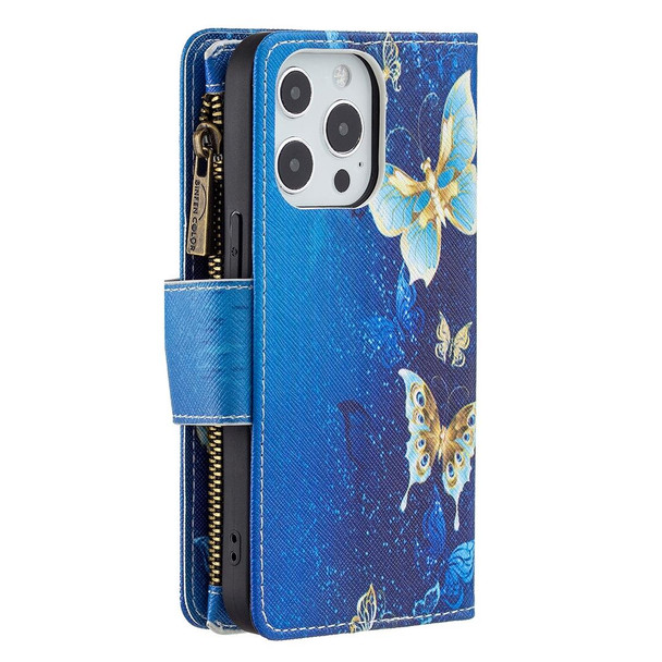 Colored Drawing Pattern Zipper Horizontal Flip Leatherette Case with Holder & Card Slots & Wallet - iPhone 13 Pro Max(Gold Butterfly)