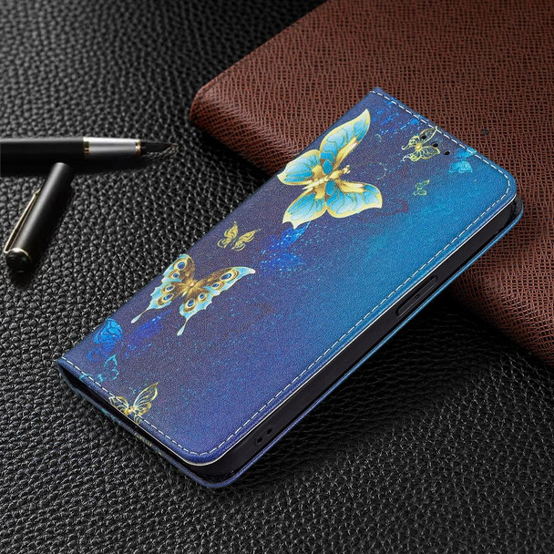 Colored Drawing Pattern Invisible Magnetic Horizontal Flip PU Leatherette Case with Holder & Card Slots & Wallet - iPhone 13 Pro(Gold Butterflies)