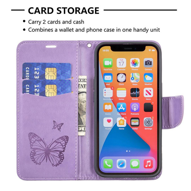 Embossing Two Butterflies Pattern Horizontal Flip PU Leatherette Case with Holder & Card Slot & Wallet & Lanyard - iPhone 13 Pro Max(Purple)