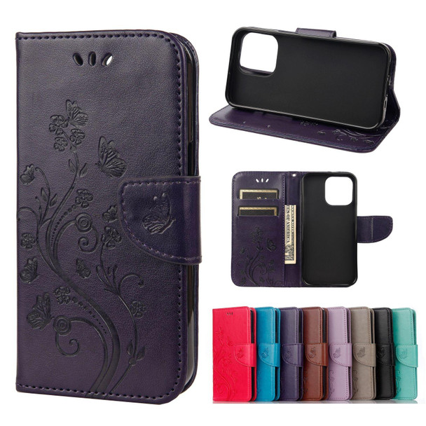 Butterfly Flower Pattern Horizontal Flip Leatherette Case with Holder & Card Slots & Wallet - iPhone 13 Pro(Deep Purple)