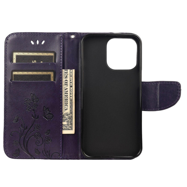 Butterfly Flower Pattern Horizontal Flip Leatherette Case with Holder & Card Slots & Wallet - iPhone 13 Pro(Deep Purple)