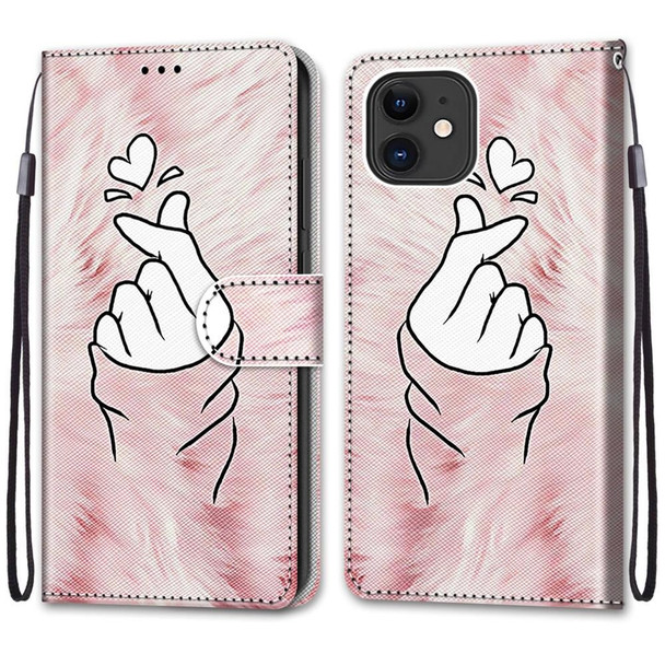 Coloured Drawing Cross Texture Horizontal Flip PU Leatherette Case with Holder & Card Slots & Wallet & Lanyard - iPhone 13 mini(Pink Hands Heart)