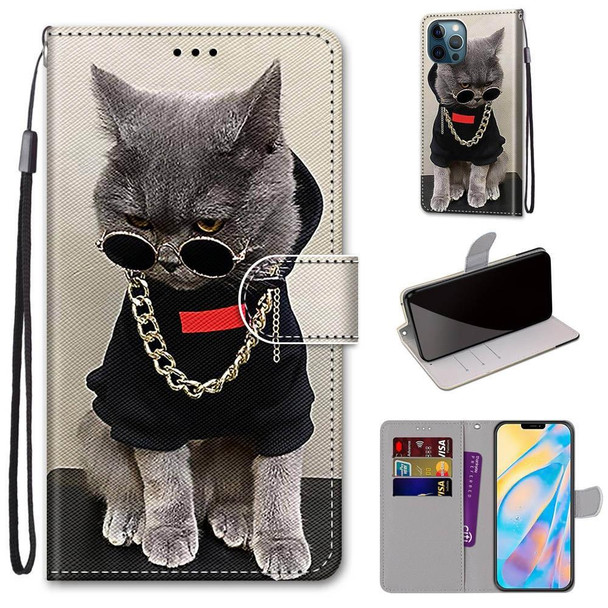 Coloured Drawing Cross Texture Horizontal Flip PU Leatherette Case with Holder & Card Slots & Wallet & Lanyard - iPhone 13 Pro Max(B09 Golden Chain Grey Cat)