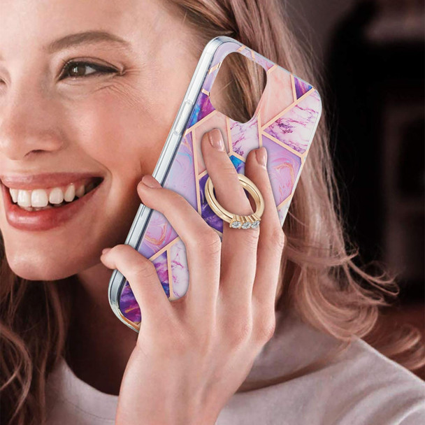 Electroplating Splicing Marble Pattern Dual-side IMD TPU Shockproof Case with Ring Holder - iPhone 13 Pro(Light Purple)