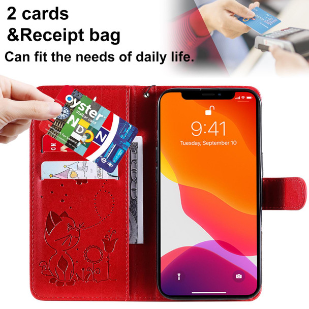 Cat Bee Embossing Pattern Shockproof Horizontal Flip Leatherette Case with Holder & Card Slots & Wallet - iPhone 13 Pro(Red)