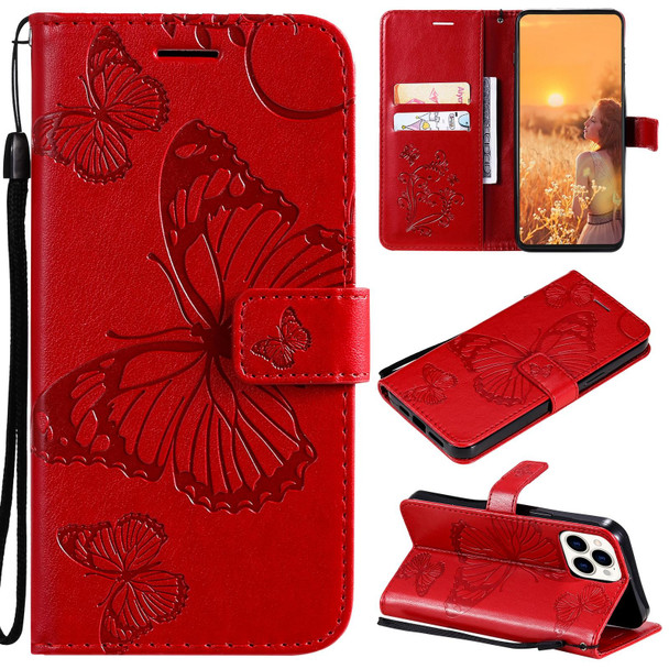 3D Butterfly Embossed Pattern Horizontal Flip Leatherette Case with Holder & Card Slot & Wallet & Lanyard - iPhone 13 Pro Max(Red)