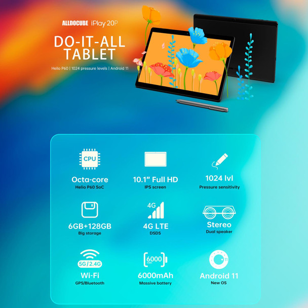 ALLDOCUBE iPlay 20P T1021P 4G Call Tablet, 10.1 inch, 6GB+128GB, Android 11 MTK Helio P60 (MT6771) Octa Core 2.0GHz, Support OTG & FM & Bluetooth & Dual Band WiFi & Dual SIM