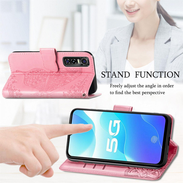 Butterfly Love Flowers Embossed Horizontal Flip Leatherette Case with Holder & Card Slots & Wallet & Lanyard - vivo S7e(Pink)