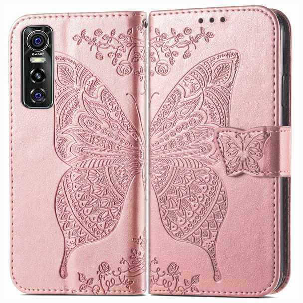 Butterfly Love Flowers Embossed Horizontal Flip Leatherette Case with Holder & Card Slots & Wallet & Lanyard - vivo S7e(Rose Gold)