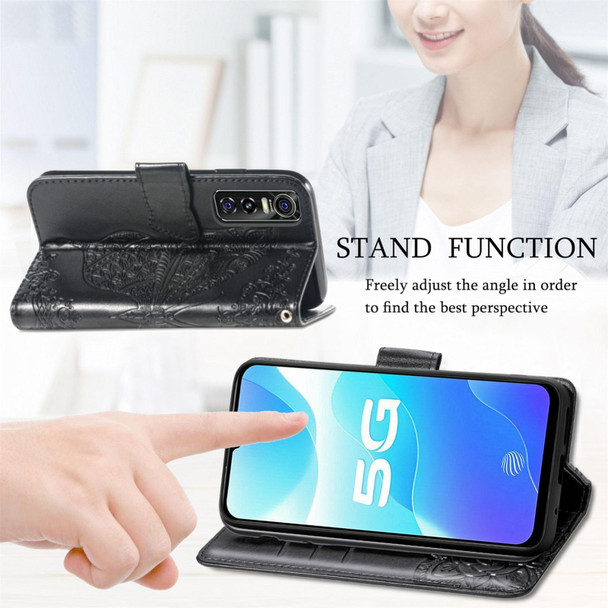 Butterfly Love Flowers Embossed Horizontal Flip Leatherette Case with Holder & Card Slots & Wallet & Lanyard - vivo S7e(Black)