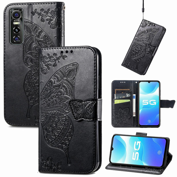 Butterfly Love Flowers Embossed Horizontal Flip Leatherette Case with Holder & Card Slots & Wallet & Lanyard - vivo S7e(Black)