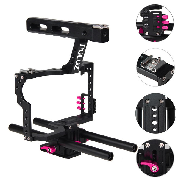 PULUZ Camera Cage Handle Stabilizer for Sony A7 & A7S & A7R, A7 II & A7R II & A7S II, A7R III & A7S III, A7R IV, A6000, A6500, A6300, Panasonic Lumix DMC-GH4(Rose Red)
