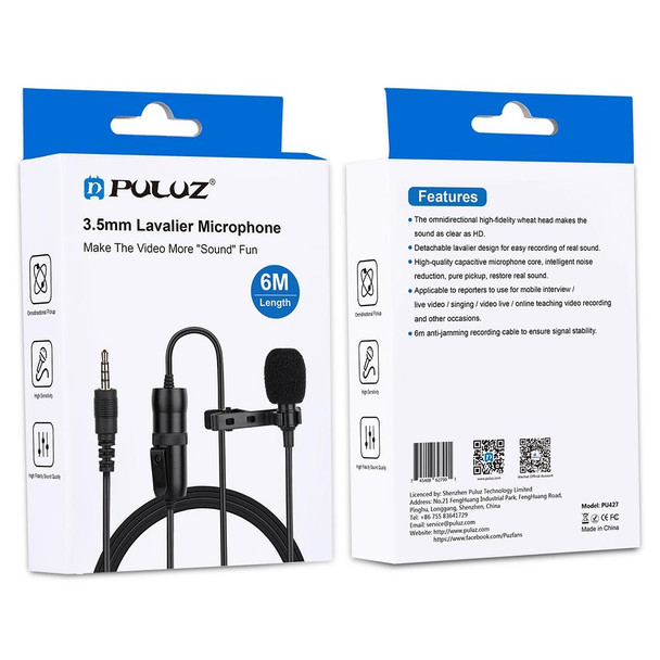 PULUZ 3.5mm Jack Lavalier Omnidirectional Condenser Recording Video Microphone, Length: 6m