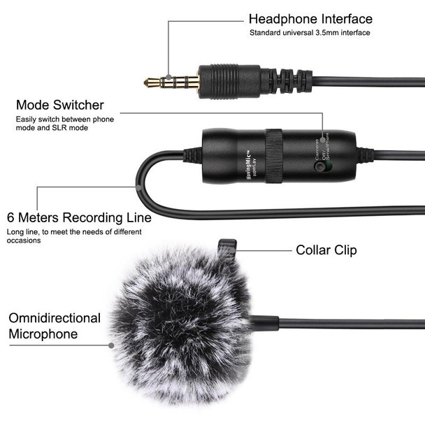 PULUZ 3.5mm Jack Lavalier Omnidirectional Condenser Recording Video Microphone, Length: 6m