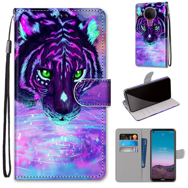 Nokia 5.4 Coloured Drawing Cross Texture Horizontal Flip PU Leather Case with Holder & Card Slots & Wallet & Lanyard(Tiger Drinking Water)