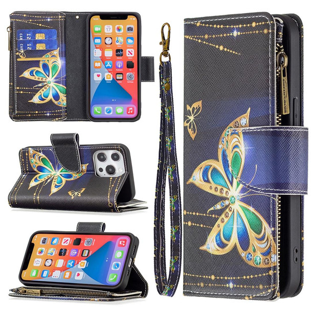 Colored Drawing Pattern Zipper Horizontal Flip Leatherette Case with Holder & Card Slots & Wallet - iPhone 13 Pro Max(Big Butterfly)