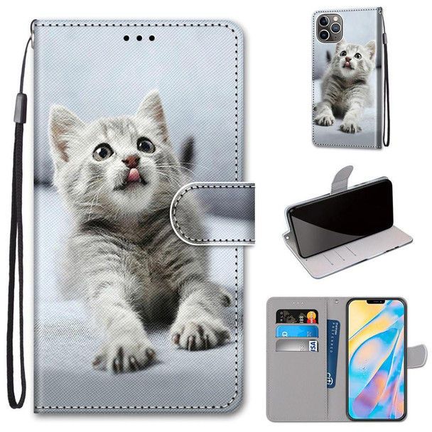 Coloured Drawing Cross Texture Horizontal Flip PU Leatherette Case with Holder & Card Slots & Wallet & Lanyard - iPhone 13 mini(Small Gray Cat)