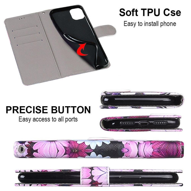 Coloured Drawing Cross Texture Horizontal Flip PU Leatherette Case with Holder & Card Slots & Wallet & Lanyard - iPhone 13 Pro Max(Chrysanthemum Pink White Purple)