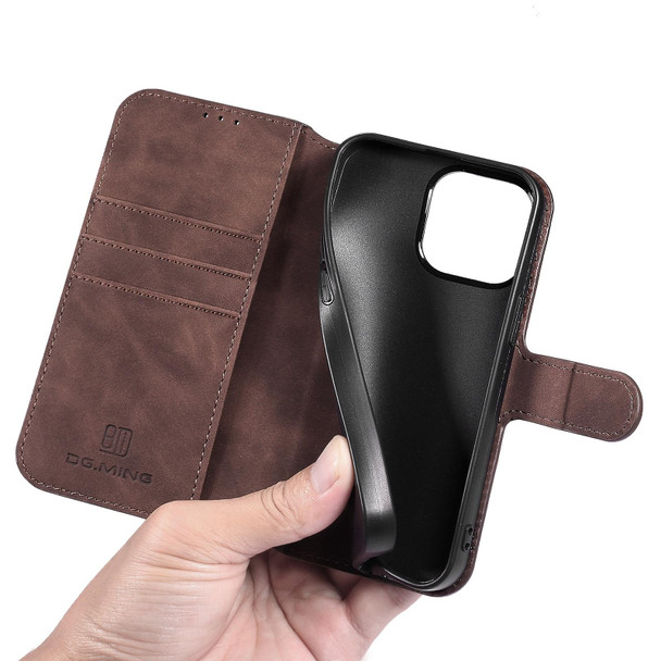DG.MING Retro Oil Side Horizontal Flip Leatherette Case with Holder & Card Slots & Wallet - iPhone 13 Pro(Coffee)