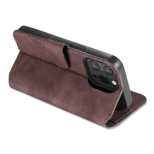 DG.MING Retro Oil Side Horizontal Flip Leatherette Case with Holder & Card Slots & Wallet - iPhone 13 Pro(Coffee)