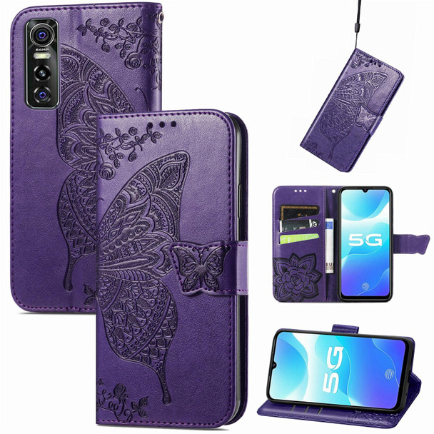 Butterfly Love Flowers Embossed Horizontal Flip Leatherette Case with Holder & Card Slots & Wallet & Lanyard - vivo S7e(Dark Purple)