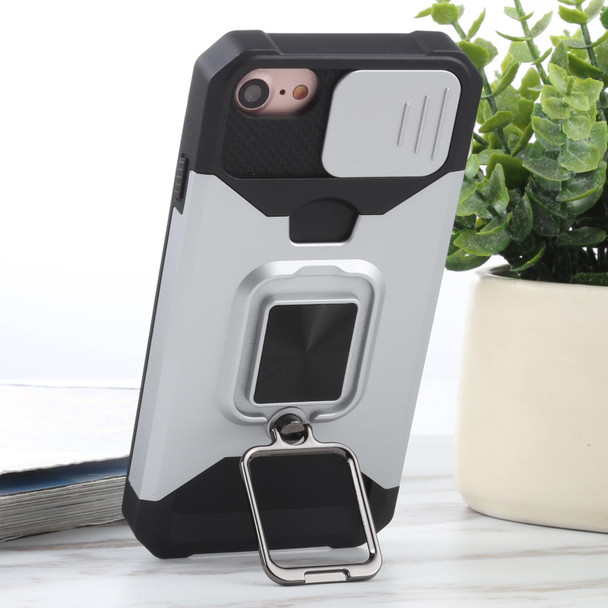 Sliding Camera Cover Design PC + TPU Shockproof Case with Ring Holder & Card Slot - iPhone SE 2022 / SE 2020 / 8 / 7 / 6s / 6(Silver)