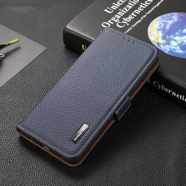 Xiaomi Redmi Note 10 4G KHAZNEH Side-Magnetic Litchi Genuine Leather RFID Phone Case(Blue)