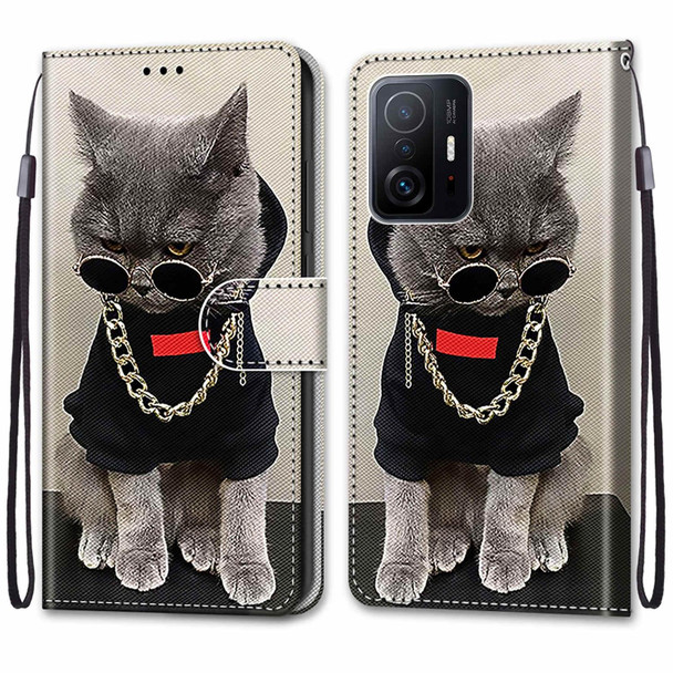 Xiaomi Mi 11T / 11T Pro Coloured Drawing Cross Texture Horizontal Flip PU Phone Leather Case with Holder & Card Slots & Wallet & Lanyard(Colorful Layer(Golden Chain Grey Cat)