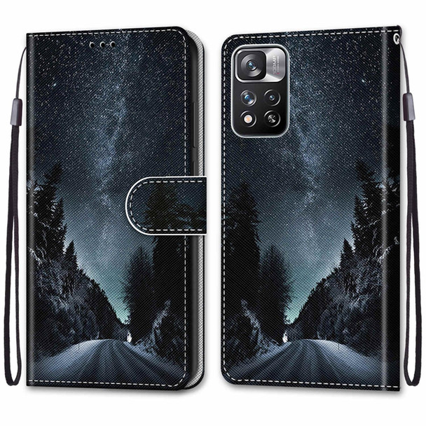 Xiaomi Redmi Note 11 Pro/11 Pro+ Coloured Drawing Cross Texture Horizontal Flip Leather Phone Case with Holder & Card Slots & Wallet & Lanyard(Mountain Road Starry Sky)