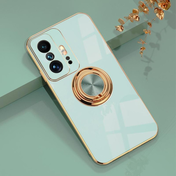 Xiaomi Mi 11T / Mi 11T Pro 6D Electroplating Full Coverage Silicone Protective Case with Magnetic Ring Holder(Light Cyan)