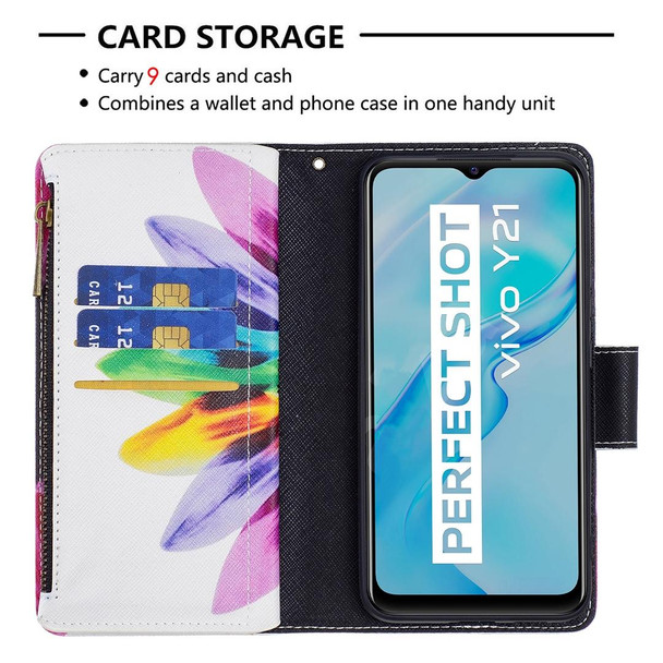 vivo Y21 Colored Drawing Pattern Zipper Horizontal Flip Phone Leather Case with Holder & Card Slots & Wallet(Sun Flower)