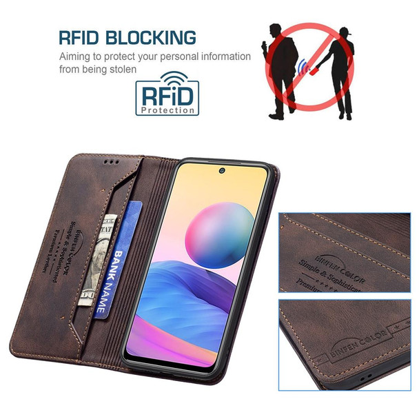 Xiaomi Poco M3 Pro/Redmi Note 10 5G/Note 10T 5G Magnetic RFID Blocking Anti-Theft Leather Case with Holder & Card Slots & Wallet(Brown)