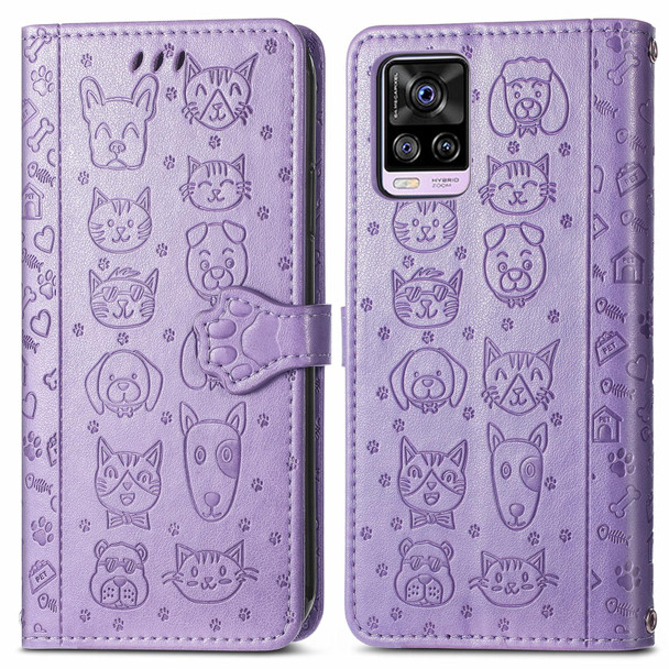 vivo S7 Lovely Cat and Dog Embossing Pattern Horizontal Flip Leather Case , with Holder & Card Slots & Wallet & Cartoon Clasp & Lanyard(Purple)