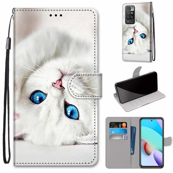 Xiaomi Redmi 10 Coloured Drawing Cross Texture Horizontal Flip PU Leather Case with Holder & Card Slots & Wallet & Lanyard(White Kitten)