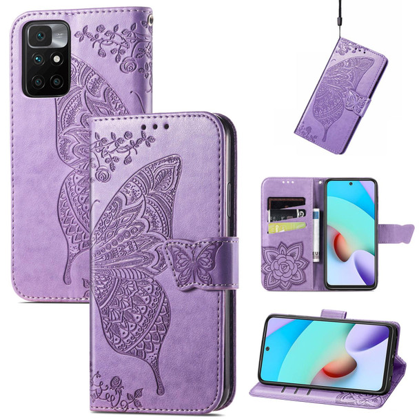 Butterfly Love Flowers Embossed Horizontal Flip Leatherette Case with Holder & Card Slots & Wallet & Lanyard - Xiaomi Redmi 10(Light Purple)