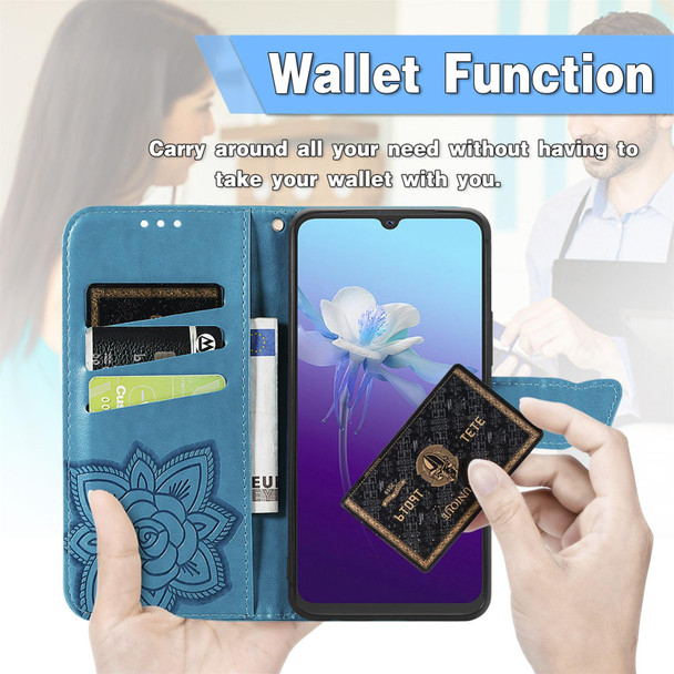 Butterfly Love Flowers Embossed Horizontal Flip Leatherette Case with Holder & Card Slots & Wallet & Lanyard - vivo V20 2021(Blue)