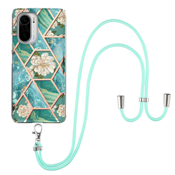 Xiaomi Mi 11i / Poco F3 Electroplating Splicing Marble Flower Pattern TPU Shockproof Case with Lanyard(Blue Flower)