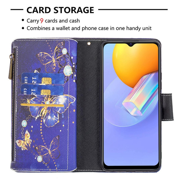 vivo Y51 2020/Y51a/Y51s Colored Drawing Pattern Zipper Horizontal Flip Leather Case with Holder & Card Slots & Wallet(Purple Butterfly)