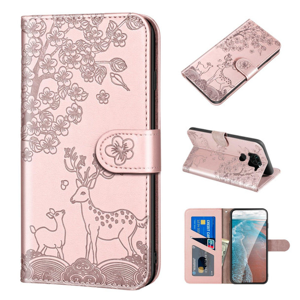 Xiaomi Redmi Note 9 Sika Deer Embossing Pattern Horizontal Flip PU Leather Case with Holder & Card Slot & Wallet & Photo Frame(Rose Gold)