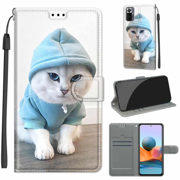 Xiaomi Redmi Note 10 Pro Max/10 Pro Voltage Coloured Drawing Magnetic Clasp Horizontal Flip PU Leather Case with Holder & Card Slots(C15 Blue Sweater White Cat)
