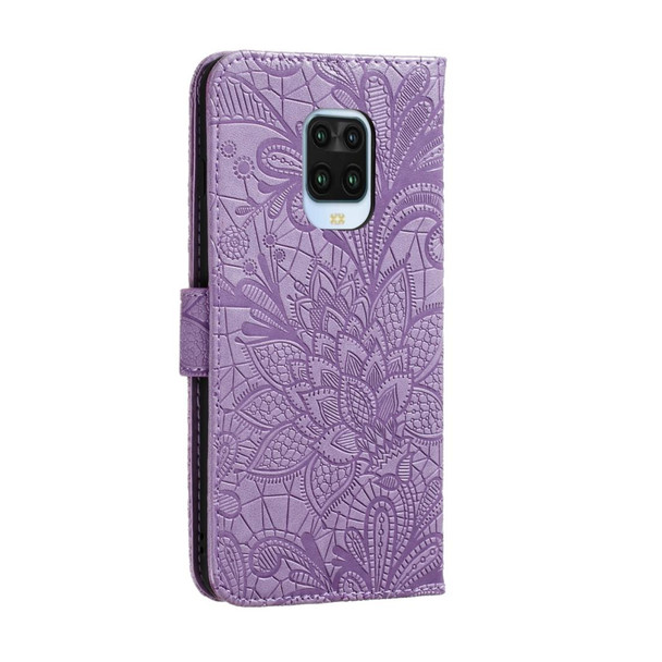 Xiaomi Redmi Note 9S Lace Flower Embossing Pattern Horizontal Flip Leather Case , with Holder & Card Slots & Wallet & Photo Frame & Lanyard(Purple)